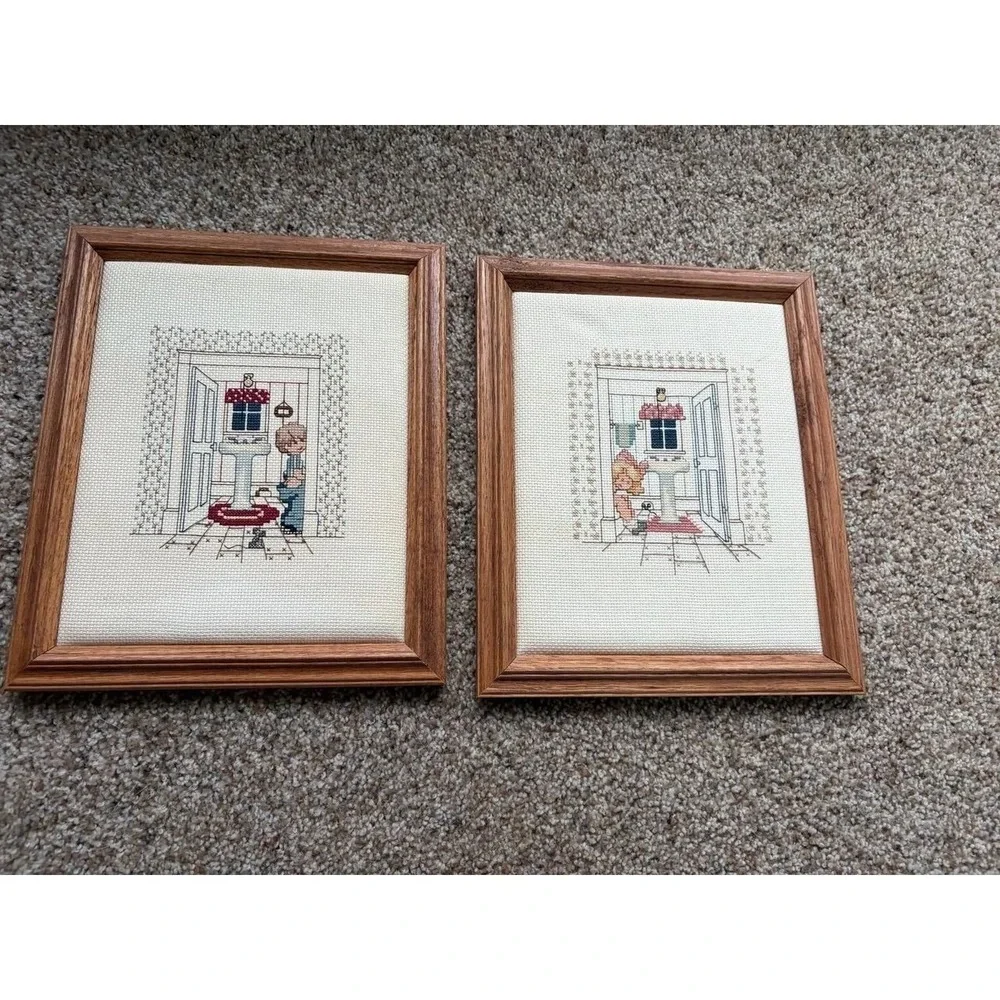 Vintage Completed Cross Stitch Girl & Boy Bathroom Scenes potty pair scene